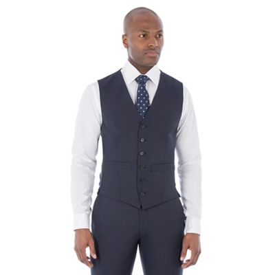 Blue tonal check wool blend 6 button tailored fit suit waistcoat